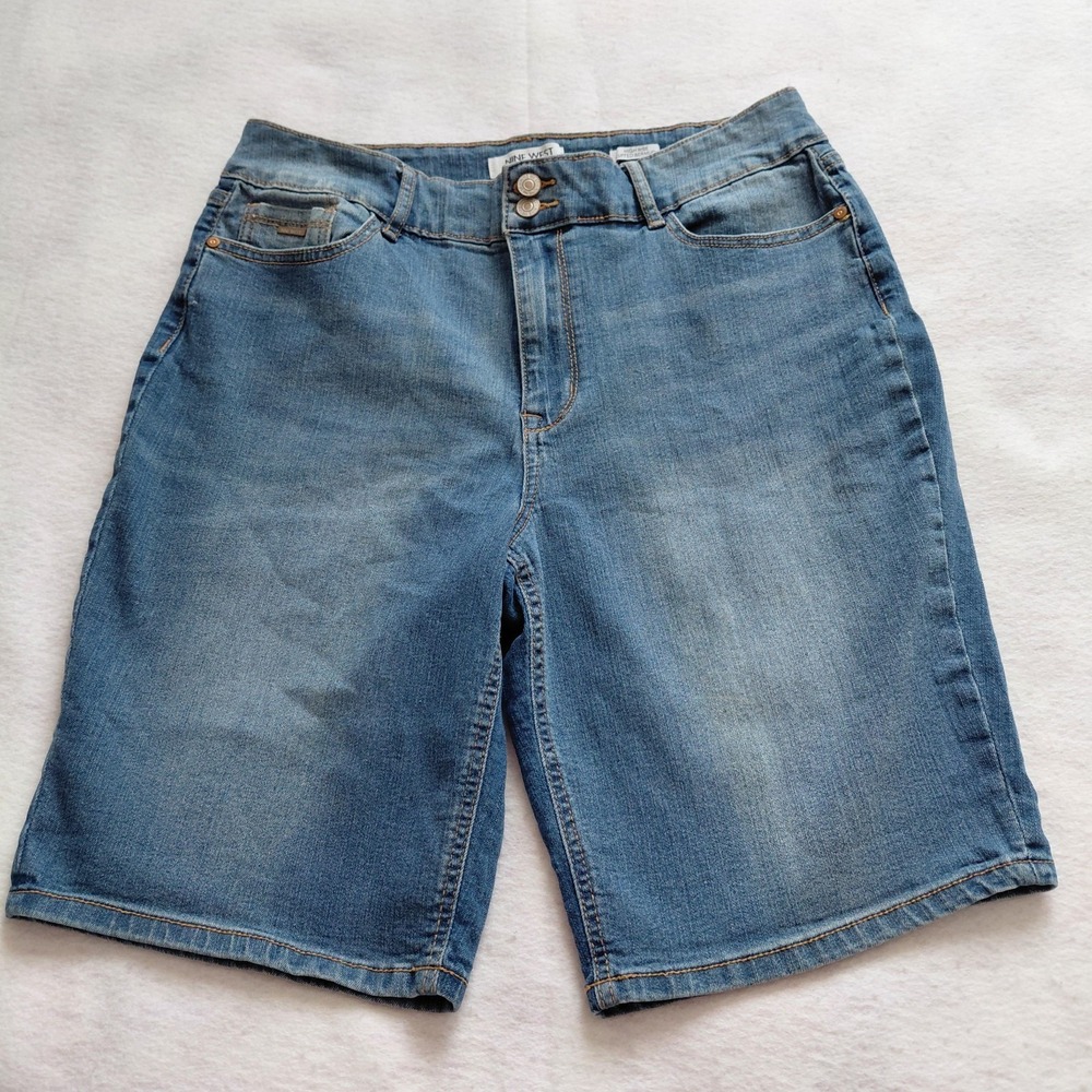 Nine West Womens High Rise Cuffed Bermuda Denim Shorts Blue Size 14 Stretch